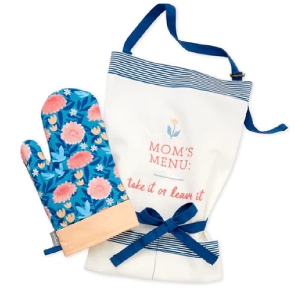 Hallmark Apron and Oven Mitt Set Women OS Teal Pink  Mom's Menu Floral Striped